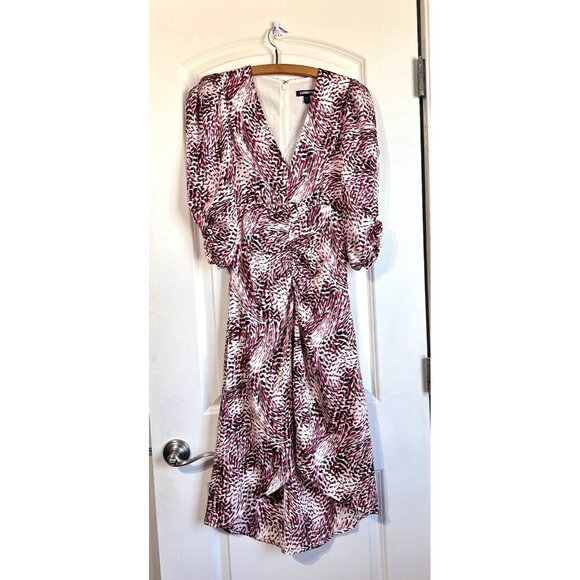 EXPRESS ABSTRACT ANIMAL LEOPARD PRINT‎ PUFF SLEEVE RUCHED HI-LO MIDI DRESS XXS - Picture 1 of 11